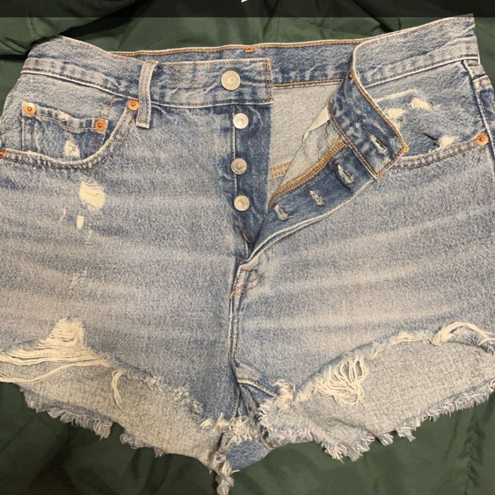 Levi’s shorts, raw hem at bottom.